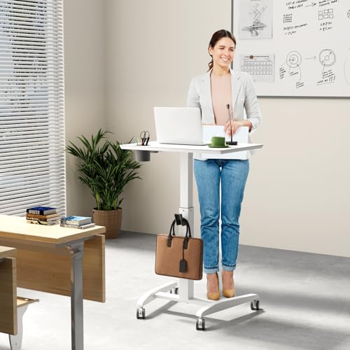 Gibbon Mounts 27" Mobile Rolling Standing Desk with Lockable Wheels, White | Small Laptop Cart Height Adjustable with Cup Holder, Slot, Hook, Portable Pneumatic Teacher Rising Workstation for Classroom - color: White