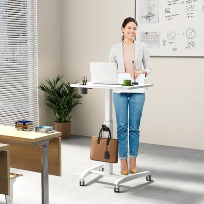 Gibbon Mounts 27" Mobile Rolling Standing Desk with Lockable Wheels, White | Small Laptop Cart Height Adjustable with Cup Holder, Slot, Hook, Portable Pneumatic Teacher Rising Workstation for Classroom - color: White