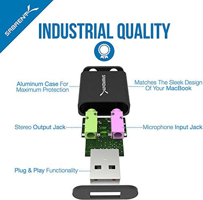 SABRENT Aluminum USB External Stereo Sound Adapter for Windows and Mac. Plug and Play No Drivers Needed [Black] (AU-EMCB)