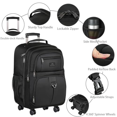 MATEIN Rolling Backpack with 4 Wheels, 17 inch Spinner Backpack for Men | Water Resisatnt Large Busines Travel Wheeled Bag, Airline Approved Roller Carry on Luggage Suitcase Bag, Black - color: Black, size: 17 inch