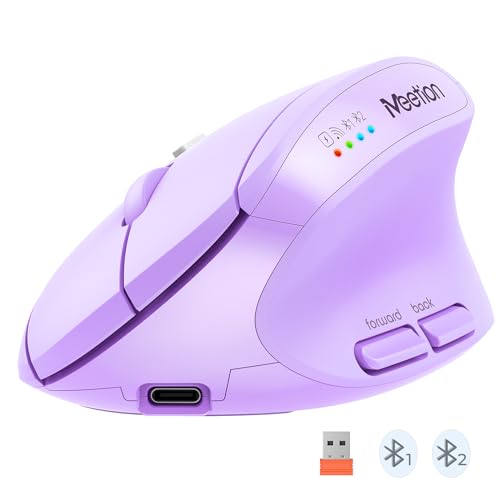 MEETION Ergonomic Vertical Mouse, Wireless Bluetooth Mouse - Purple | Rechargeable mouse with dual Bluetooth 5.2 and USB, 4 DPI levels (800–2400), compatible with Windows, Mac, PC and iPad - color: Right Purple