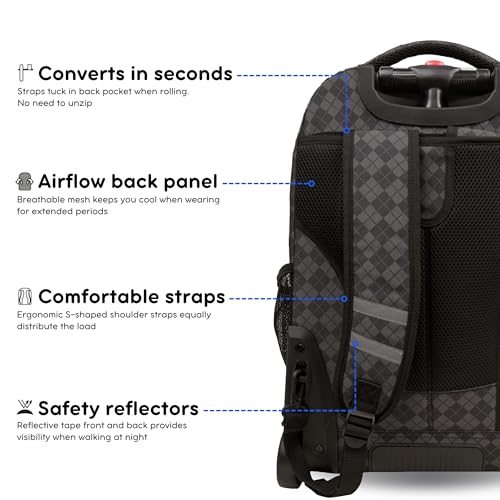 J World Sundance Laptop Rolling Backpack for Girls Boys. Roller Bookbag with Wheels, 20 Inch, Argyle Black - color: Argyle Black