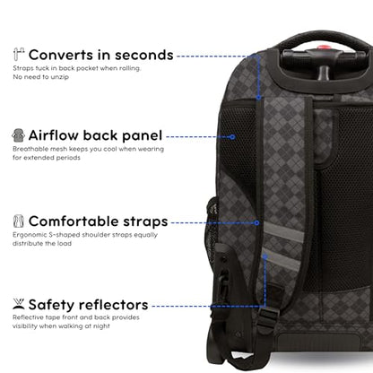 J World Sundance Laptop Rolling Backpack for Girls Boys. Roller Bookbag with Wheels, 20 Inch, Argyle Black - color: Argyle Black