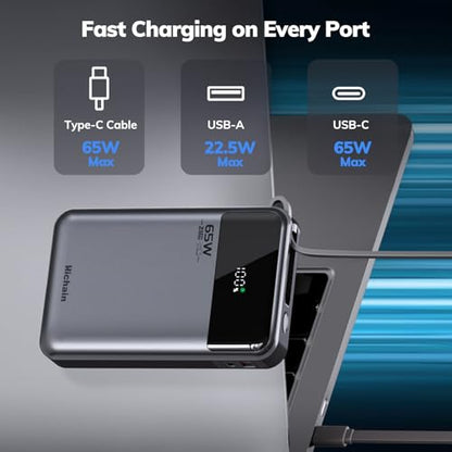 Hichain Laptop Power Bank 65W 20000mAh with Built-in USB-C Cable | 3 Chraging Port Fast Charging Battery Pack for MacBook iPhone 17 16 15 Series Android Switch Travel Essential Gray - color: Black
