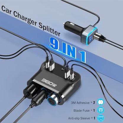 Cigarette Lighter Splitter Adapter 360W: Car 12v Splitter 3 Socket Car Charger Extension Triple USB C 36W and QC3.0 18W Ports 12 Volt Power Outlet DC with Button Switch LED Voltmeter 15A Fuse