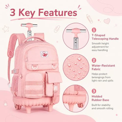 CCJPX Rolling Backpack for Girls Women, 21 inch Roller Wheels School Bookbag, Wheeled Suitcase Backpacks with Lunch Bag for Teen - Pink - color: Pink