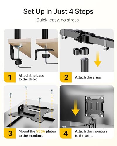 monTEK Quad Monitor Stand for Four 17-32" Screens, 22 lbs Each | Four-screen desk mount, height adjustment, tilt, swivel, rotation, clamp/grommet bases and VESA 75/100 - size: Quad Monitor