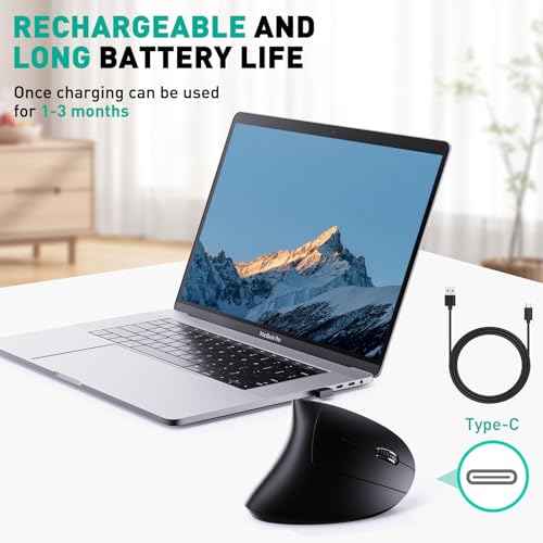 JYKEYMOUT Bluetooth and 2.4G (2-in-1) Rechargeable Wireless Mouse, Ergonomic Vertical Design, 1000/1200/1600 DPI, 6 Silent Buttons, for Laptop, Computer, PC, MacBook, Chromebook-Black - style: DPI-1600