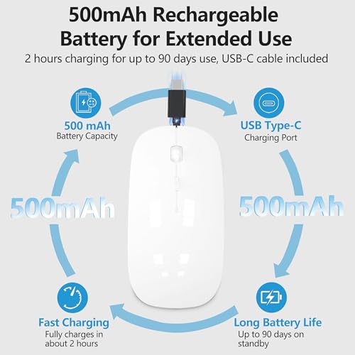 Silent Bluetooth Wireless Mouse with Jiggler, Rechargeable Portable Mouse for MacBook, iPad, Laptop & PC, Dual Mode BT5.2 and 2.4G, USB-C/USB-A Receiver, Adjustable DPI Compact Travel Mouse -White - color: White