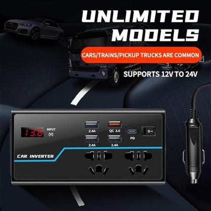 200W Car Power Converter, DC 12V to AC 110V Car Inverter, Car Outlet Adapter with PD 30W(PD3.0)/QC 30W(QC3.0) Fast Charging Ports, Car Plug Converter with On/Off Switch and Current LCD Screen