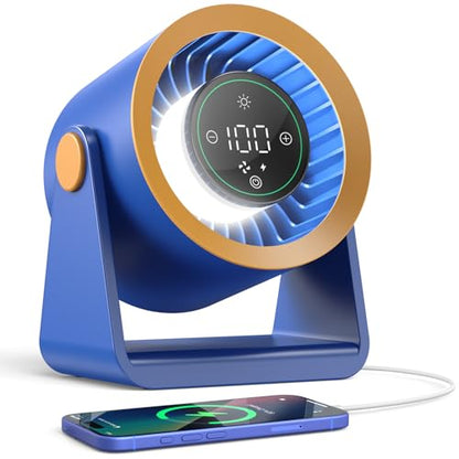 Ausic Powerful Desk Fan Rechargeable Battery Powered, 15200mAh Small Turbo Bedside Fans for Cooling and Sleep, Personal USB Fans With LED Light, Digital Display, 105° Tilt, 0-100% Speed - color: Blue