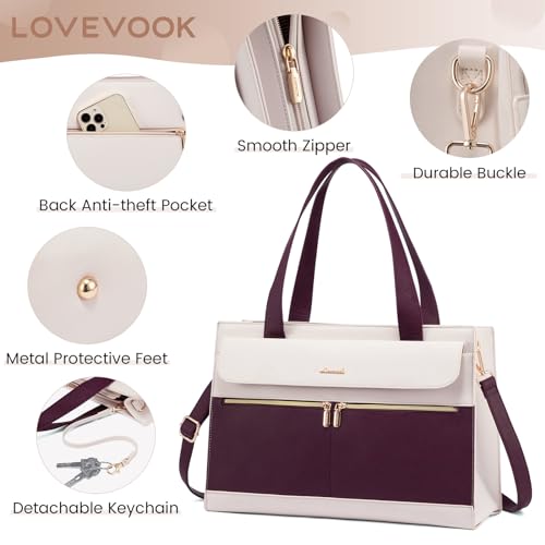 LOVEVOOK Laptop Bag Women 15.6 Inch Laptop Tote Professional Leather Computer Briefcase Waterproof Shoulder Bag Large Capacity Business Teacher Office Crossbody Purse - color: Purple/Beige-1, size: 15.6 Inch