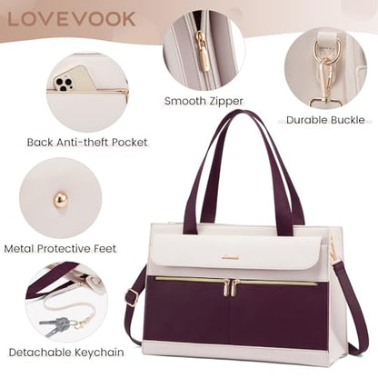 LOVEVOOK Laptop Bag Women 15.6 Inch Laptop Tote Professional Leather Computer Briefcase Waterproof Shoulder Bag Large Capacity Business Teacher Office Crossbody Purse - color: Purple/Beige-1, size: 15.6 Inch