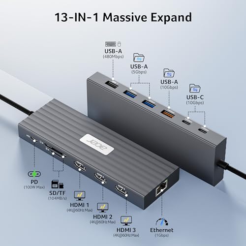 Acer Docking Station 3 Monitors with 3 HDMI, 13-in-1 USB C Hub for Laptop with 4K@60Hz HDMI, 1 Gbps Ethernet, 10Gbps Data, 100W PD, SD/TF, Laptop Dock for Acer, XPS, Spectre, Surface, Mac
