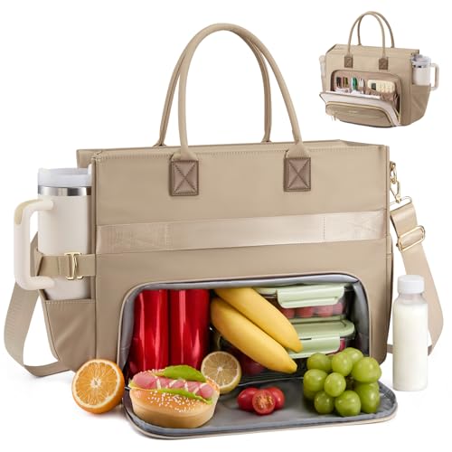 LOVEVOOK Lunch Tote Bag for Women, 3 in 1 Work Bag with Insulated Lunch Compartment, 15.6inch Laptop Bag with Large Cup Holder for Office, College, Casual,Teacher,Nurse - color: Off-white khaki, size: 15.6 inch with Lunch Compartment