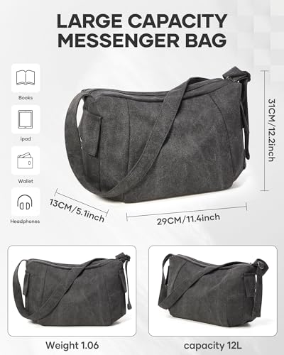 Messenger Bag for Men, Crossbody Bag Aesthetic, Water Resistant Unisex Classic Canvas Shoulder Bag - color: C-black