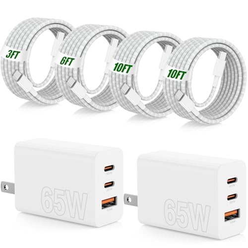 65W Super Fast Charger Type C for Samsung,3 Port 100W Quick Charging 3.0 USB C Block & 3/6/10/10FT Braided Type C Cord for Samsung Galaxy S26 Ultra/S26/S25 Ultra/iPhone 17 Pro/MacBook Pro/Air-White - color: White, size: 10FT+10FT+6FT+3FT