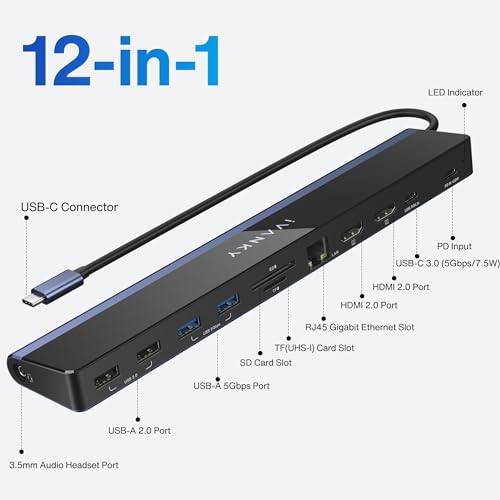 USB C Laptop Docking Station with 100W Power Adapter, iVANKY 12-in-1 85W PD Dock, Dual 4K HDMI Display Thunderbolt 3/4 Dock for Dell, HP, Lenovo, Asus,Surface, etc, USB 3.0， Ethernet, 2HDMI, SD/TF