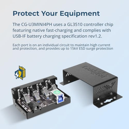 Coolgear 3.2 Gen 1 USB Hub - 4 Port USB Hub with 5Gbps Data Transfers, Mountable Metal Housing, 5V Power Adapter, ESD Surge Protection, Bus or Self Powered