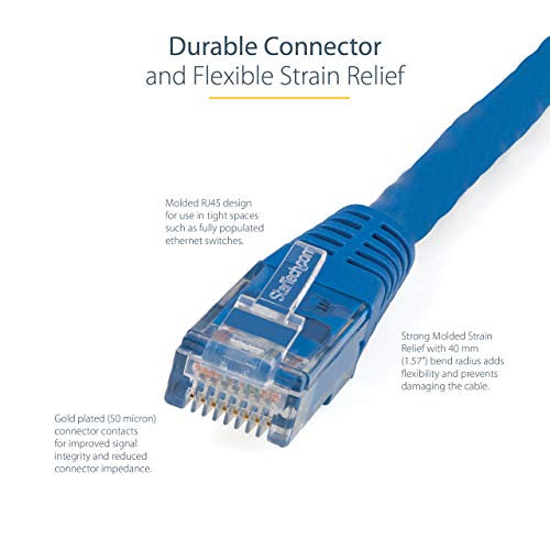 StarTech 4ft CAT6 Ethernet Cable - Blue CAT 6 Gigabit Ethernet Wire -250Mhz 100W PoE RJ45 UTP Molded Network Patch Cord with Strain Relief (C6PATCH4BL) | 250MHz bandwidth, Gold-plated RJ45, Patch Cable, Ethernet Cord, UTP Molded Network, Strain Relief, 10