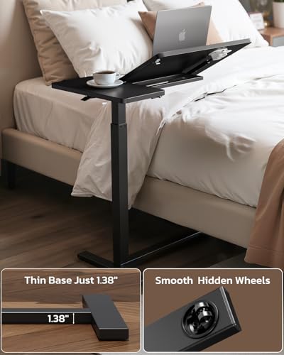 Simple Deluxe Standing Rolling Desk with Hidden Casters, Height Adjustable Pneumatic Mobile Laptop Desk, Tilting Bedside Table for Laptop, Overbed Bedside Table Hospital Home Use, Black - color: Black, style: Tiltable