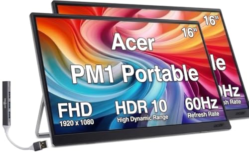 Acer PM161Q J 16" Portable USB-C IPS Monitor w/ HDR10, Built-in Speakers | 6ms Response Time, Anti-Glare, 220 nits Brightness, Mini HDMI & Dockztorm USB Port Expander, Black/Silver Color, 2 Packs - size: Two monitors