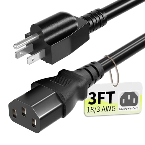 Vockjour Universal 3ft(0.93m) Power Cord, 3-Prong Pure Copper ETL, Black | 10 Amps 125 Volts NEMA 5-15P to C13 AC Cable for TV Monitor PC Printer PlayStation Samsung Dell HP Sony LG Apple Vizio Asus - size: 3FT