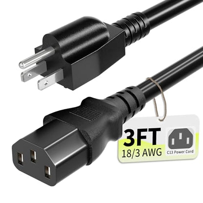 Vockjour Universal 3ft(0.93m) Power Cord, 3-Prong Pure Copper ETL, Black | 10 Amps 125 Volts NEMA 5-15P to C13 AC Cable for TV Monitor PC Printer PlayStation Samsung Dell HP Sony LG Apple Vizio Asus - size: 3FT