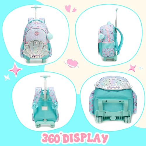 Rolling Backpack for Girls Rolling Backpack Travel Backpack with Lunch Box for Teen Girls Trolley Bag Cute Bookbag for Kids - color: lvbeike