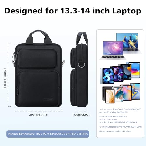 MoKo 13.3-14 inch Laptop Sleeve Sholder Bag Carry Case with Multi-Pockets | Fits Mac NEO/Air 13-inch M5, Mac Pro 14-inch M5/M4/M3/M2/M1 and MacAir 13-inch M4/M3/M2/M1, Black - color: Black, size: 13.3-14 Inch