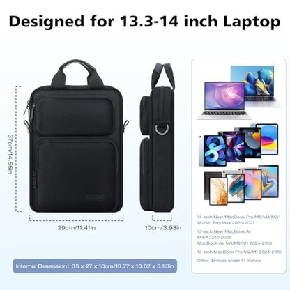 MoKo 13.3-14 inch Laptop Sleeve Sholder Bag Carry Case with Multi-Pockets | Fits Mac NEO/Air 13-inch M5, Mac Pro 14-inch M5/M4/M3/M2/M1 and MacAir 13-inch M4/M3/M2/M1, Black - color: Black, size: 13.3-14 Inch