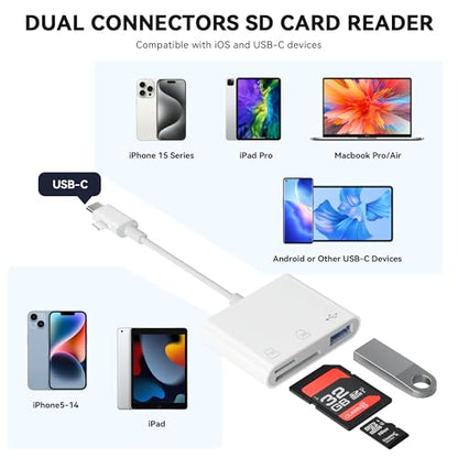 SD Card Reader for iPhone iPad, Micro SD Card Reader Memory Card Reader with USB Adapter Plug and Play Trail Game Camera Card Viewer Supports SD and TF Card No App Required - color: Paper white
