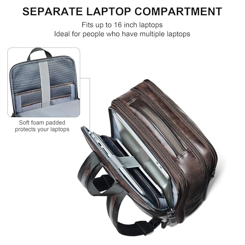 Vegan Leather Laptop Backpack for Women and Men Fits 16 Inch Laptop | Water Resistant,28L Expandable Computer Backpack Purse,USB Charging Port,Travel Work Business College Teacher Nurse - color: Two-toned Coffee