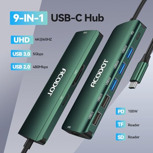 USB C Hub, 9-in-1 Multi-Port USB Adapter, 4K@60Hz HDMI, 100W Max PD, 3 USB3.0(5Gbps) + 2 USB2.0 Data Ports, SD/TF Card Reader for MacBook, iPad Pro, Dell, HP, Lenovo, Windows Laptop, Green - color: Green