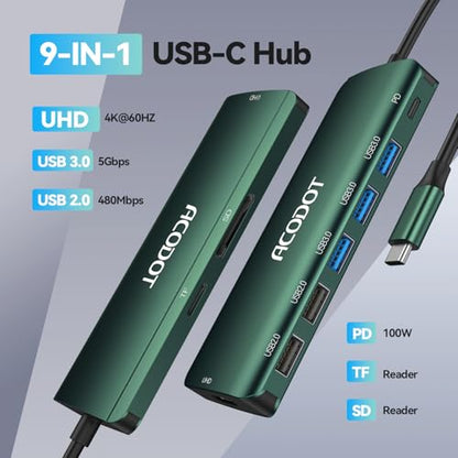 USB C Hub, 9-in-1 Multi-Port USB Adapter, 4K@60Hz HDMI, 100W Max PD, 3 USB3.0(5Gbps) + 2 USB2.0 Data Ports, SD/TF Card Reader for MacBook, iPad Pro, Dell, HP, Lenovo, Windows Laptop, Green - color: Green