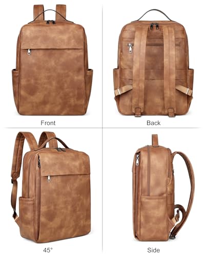 MASINTOR 15.6 inch PU Leather Laptop Backpack Purse for Women | College Laptop Backpack, Spacious Main Compartment, Luggage Strap & Padded Sleeve, Ideal for Campus, Commute & Travel - color: Mocha Brown