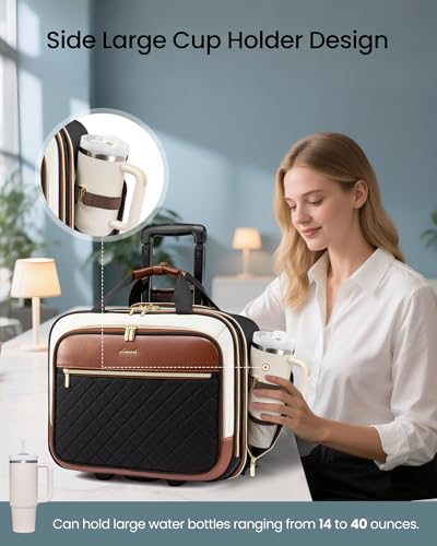 LOVEVOOK Rolling Laptop Bag for Women, Underseat Carry On Bag with Wheels | Fits 17.3 Inch Laptop, 30L Capacity, Silent Wheels, Rolling Briefcase, Carry On Luggage, Personal Item for Work Travel - color: Black-brown-white