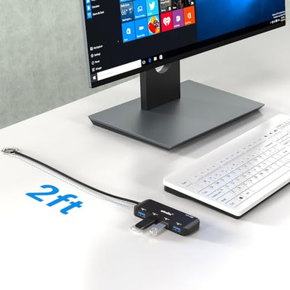 USB 3.0 Hub 4-Port with 2ft Cable — High-Speed 5Gbps Data Expander for Laptop & PC, Ultra-Slim Portable USB Splitter Compatible with Windows/macOS/Linux - size: 2FT