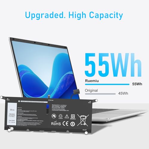 Upgraded 55Wh DXGH8 HK6N5 Battery for Dell XPS 13 7390 9370 9380 | Fit for Inspiron 13 7390 7391 2-in-1 7490 5390 5391 Latitude 3301 Vostro 5390 Series, and More - size: 10.13*3.88*0.18inch HK6N5
