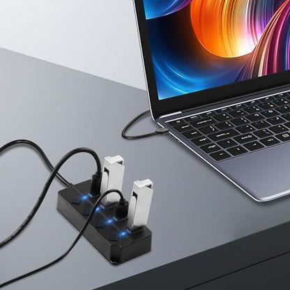 CERRXIAN USB Hub, 4Port USB Hub Splitter with Individual On/Off LED Switches 6.6ft/2m Long Cable, Multi Port Expander, Fast Data Transfer USB Splitter for Laptop, PC,Mobile HDD