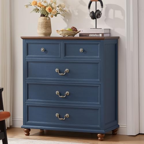 Joaxswe Farmhouse 5 Drawer Dresser for Bedroom, 35" Tall Rustic Chests of Drawers w/ 4 Solid Wood Feet, Mid Century Modern Wooden Closet Storage Dressers Organizer for Living Room, Hallway,Blue - color: Blue, size: 15.7"D x 31.5"W x 35.2"H (5 Drawers)