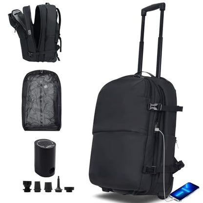 Vacuum Rolling Backpack, 60L Expandable Carry-On with Pump, TSA Lock & USB Port, Water-Resistant Travel Bag with 19" Laptop Compartment for Commute, Outdoor & Family Trips, Men Women