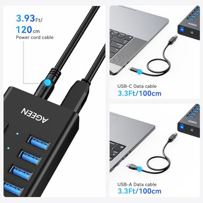 AGEEN 16-Port Powered USB 3.2 Hub, 10Gbps Data Transfer, 96W Power Adapter | Plug & Play, Individual On/Off Switch, Aluminum Housing, Surge Protection, USB Hub for Laptop/PC, Computer, HDD, Flash Drive