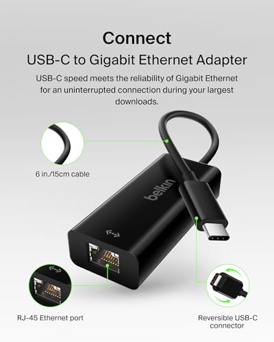 Belkin USB-C to Ethernet Adapter, Gigabit Ethernet Port Compatible w/ USB-C Devices, USB-C to Ethernet Cable for MacBook Pro & Dell XPS 13” Laptops, Ethernet USB-C Hub, Ethernet USB-C Adapter - Black - style: Ethernet Adapter Only