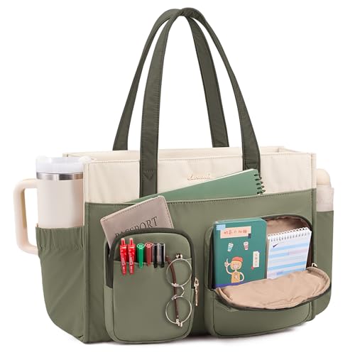 LOVEVOOK Teacher Tote Bag for Women,Multi-pocket Laptop Bag with Large Cup Holder,Nurse Bags Work Travel Computer Handbag - color: Cream Green, size: 17.3 inch