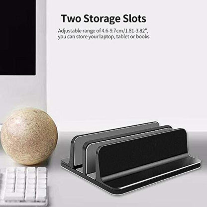 Adjustable Dual Slot Aluminum Vertical Laptop Desk Organizer Holder, Upright Notebook and Tablet Storage Stand Fit Laptop, Desktop Accessory in Silver Black (Black) - color: Black