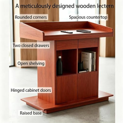 Podium Stand, Podium with Wheels, Floor Standing Speaking Poidum Lectern Stand, Church Pulpit with Storage, Office Wooden Reception Desk, Host Stand for School Conference | Walnut - color: Walnut