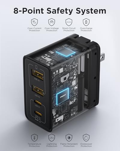 PISEN 65W USB C Charger - 4-Port GaN Fast Charging Block Type C Charger Fast Charging Wall Plugs with 4FT C to C Cable for MacBook Pro/Air, iPhone 16/15/14, iPad Pro, Galaxy S24, Pixel 8, Steam Deck