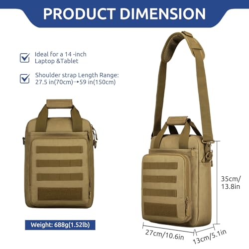 Tactical Messenger Bag, Laptop Briefcase MOLLE Shoulder Pack Handbag | Heavy Duty, Adjustable Strap, Water-resistan, Fit 14inch Tablet, Satchel Work Bag, for Outdoor, Hiking, Travel - color: Coyote