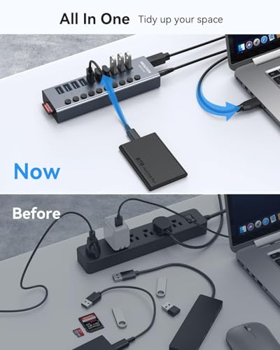 Powered USB 3.0 Hub, Wenter 10 Ports 36W Powered USB Hub, Aluminum USB Splitter with Individual On/Off Switches, SD/TF Card Readers and 12V/3A Power Adapter for PC/Laptops/MacBook Pro/Air/iMac/iPad - size: Aluminum 10 Ports